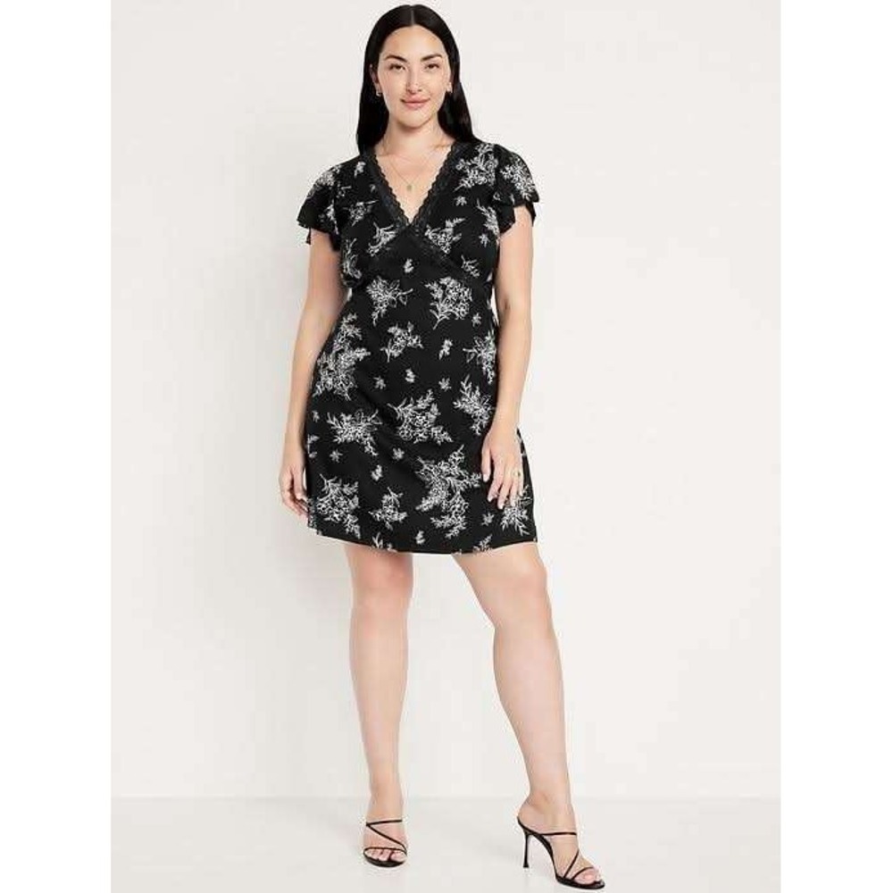 Old Navy Mini Dress Women L Black Floral Lace Trim V-Neck Flutter Sleeve Rayon